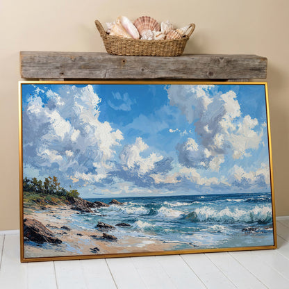 Ocean Waves and Sky Canvas Print in antique gold floating frame