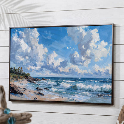 Ocean Waves and Sky Canvas Print in dark walnut floating frame