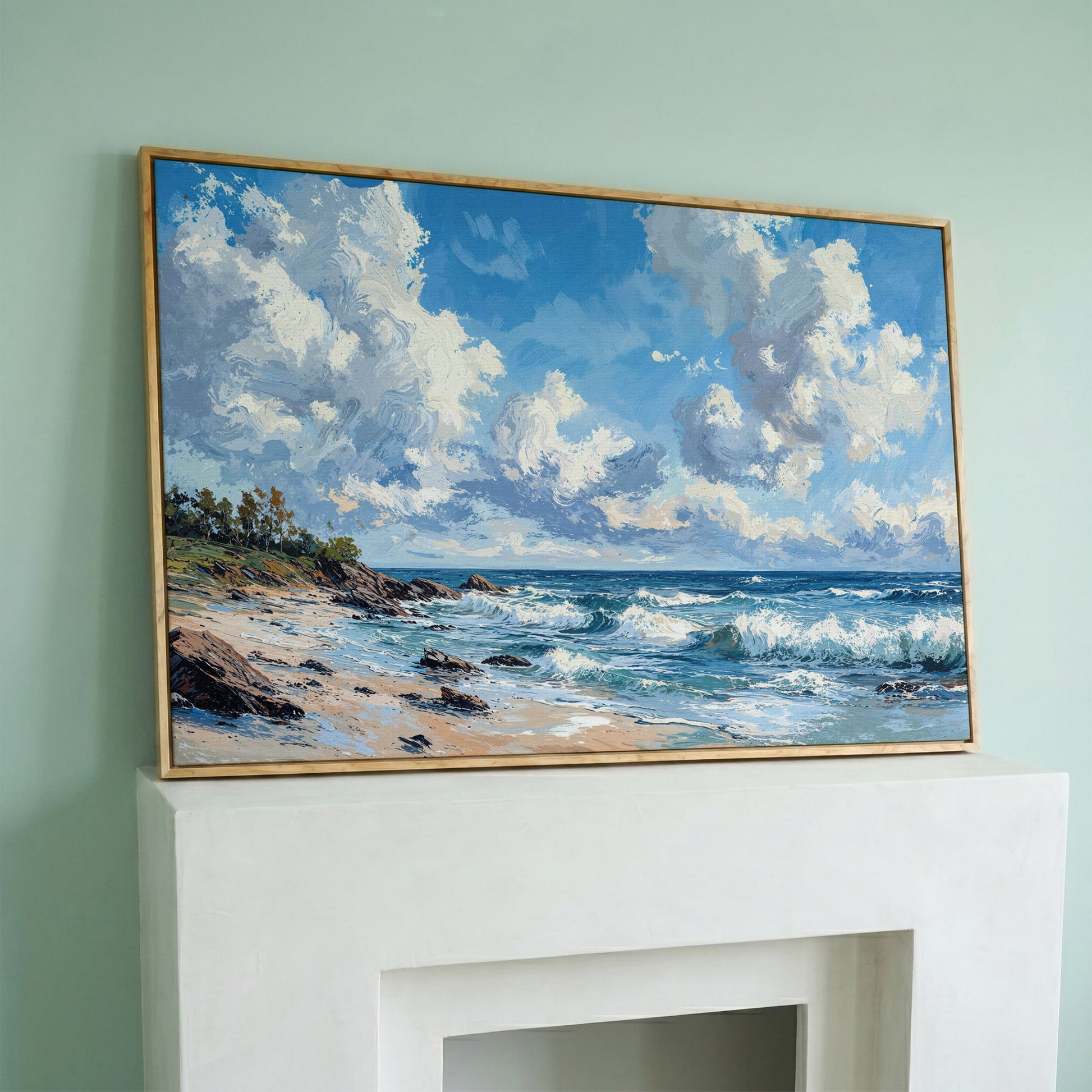 Ocean Waves and Sky Canvas Print in white oak floating frame