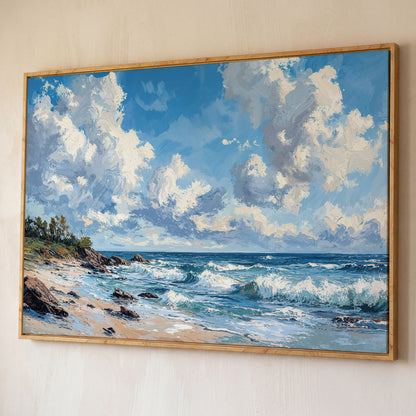 Ocean Waves and Sky Canvas Print shown in white oak floating frame