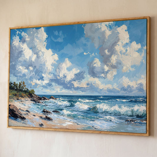 Ocean Waves and Sky Canvas Print shown in white oak floating frame