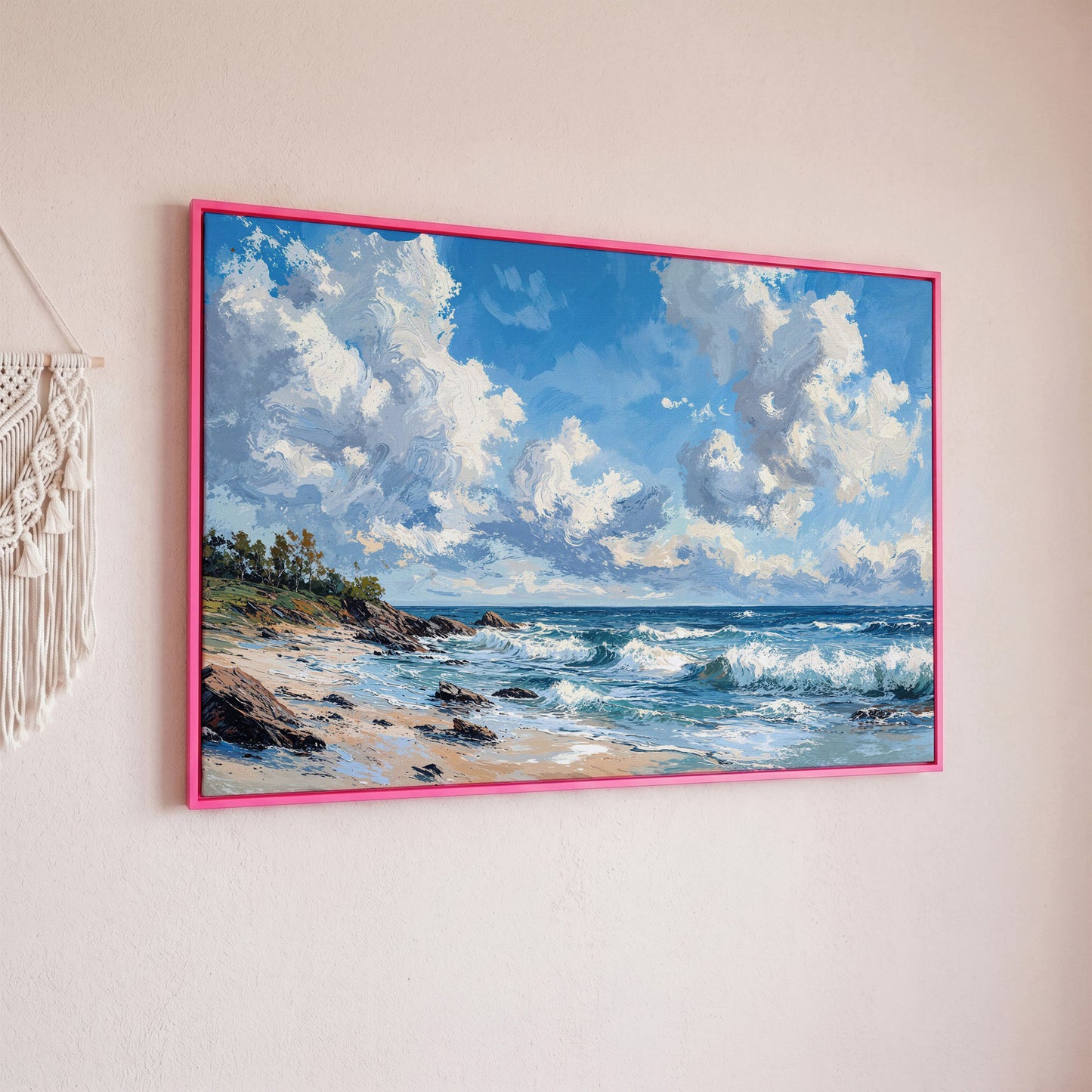 Ocean Waves and Sky Canvas Print in pink floating frame