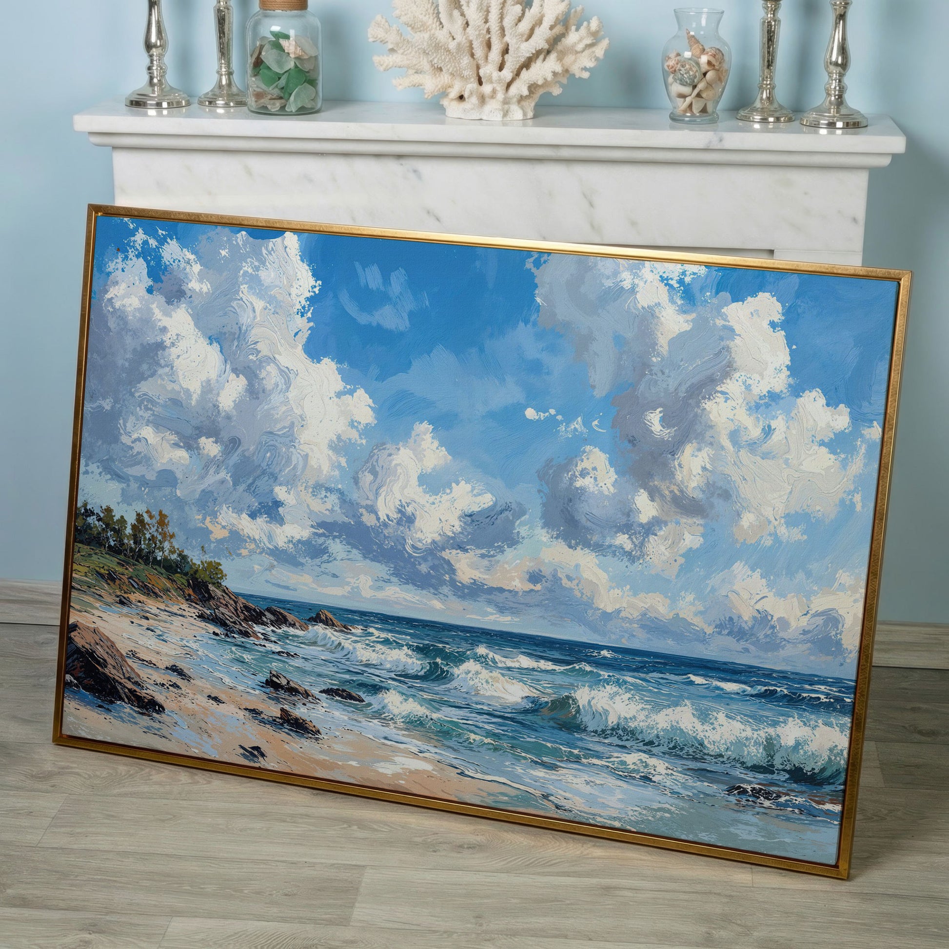 Ocean Waves and Sky Canvas Print in rose gold floating frame