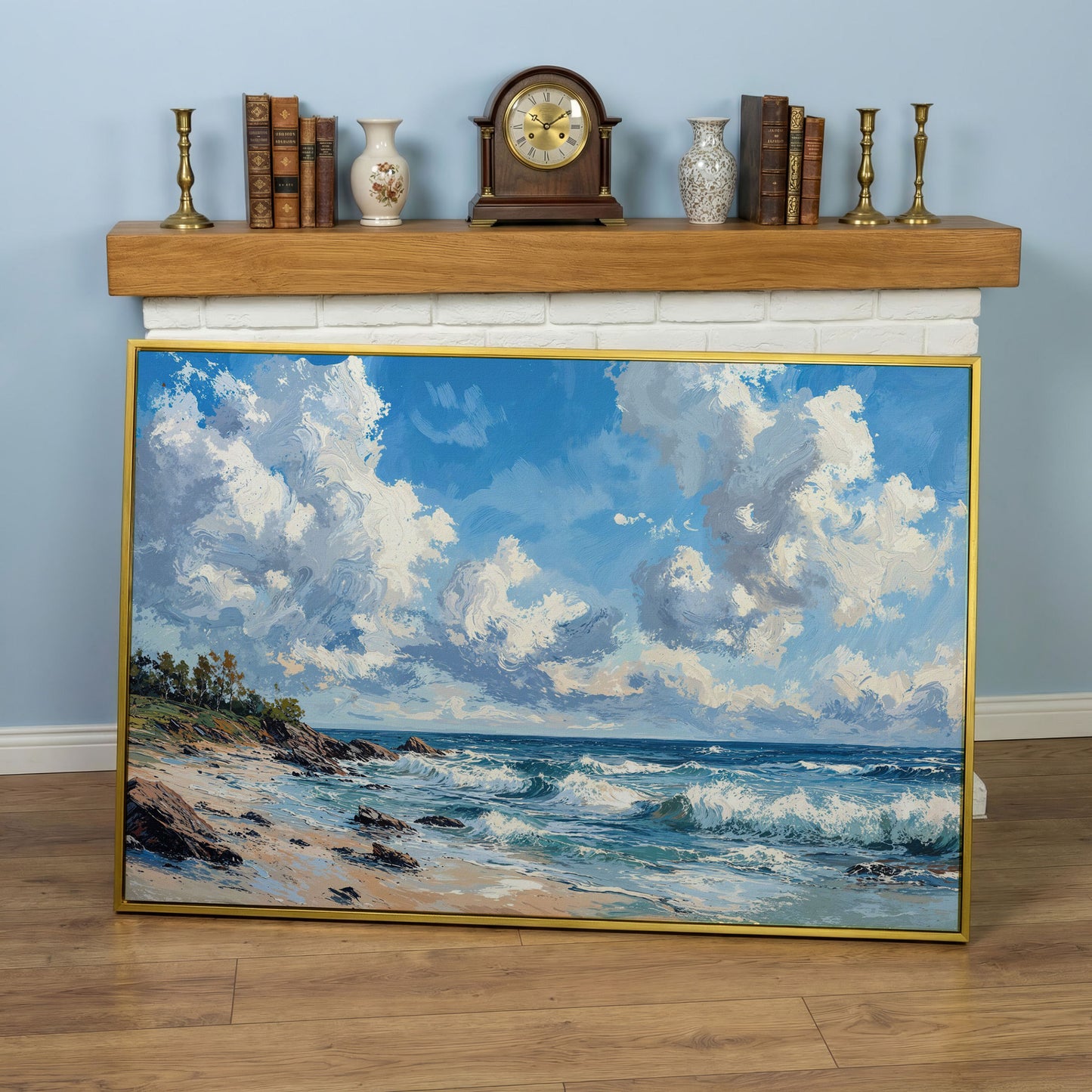Ocean Waves and Sky Canvas Print in yellow gold floating frame
