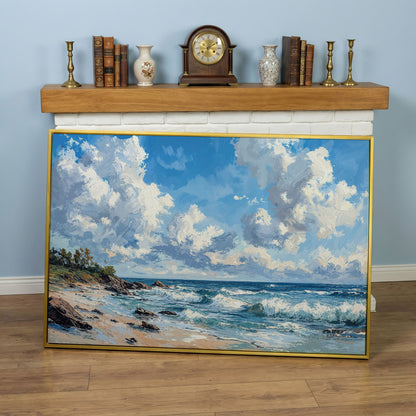 Ocean Waves and Sky Canvas Print in yellow gold floating frame