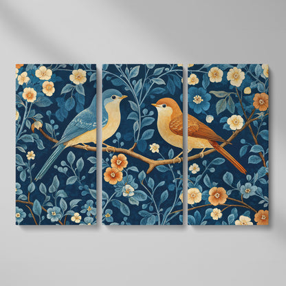 Birds on Blossom Branch Canvas Print with Navy and Goldenrod as 3-panel split version