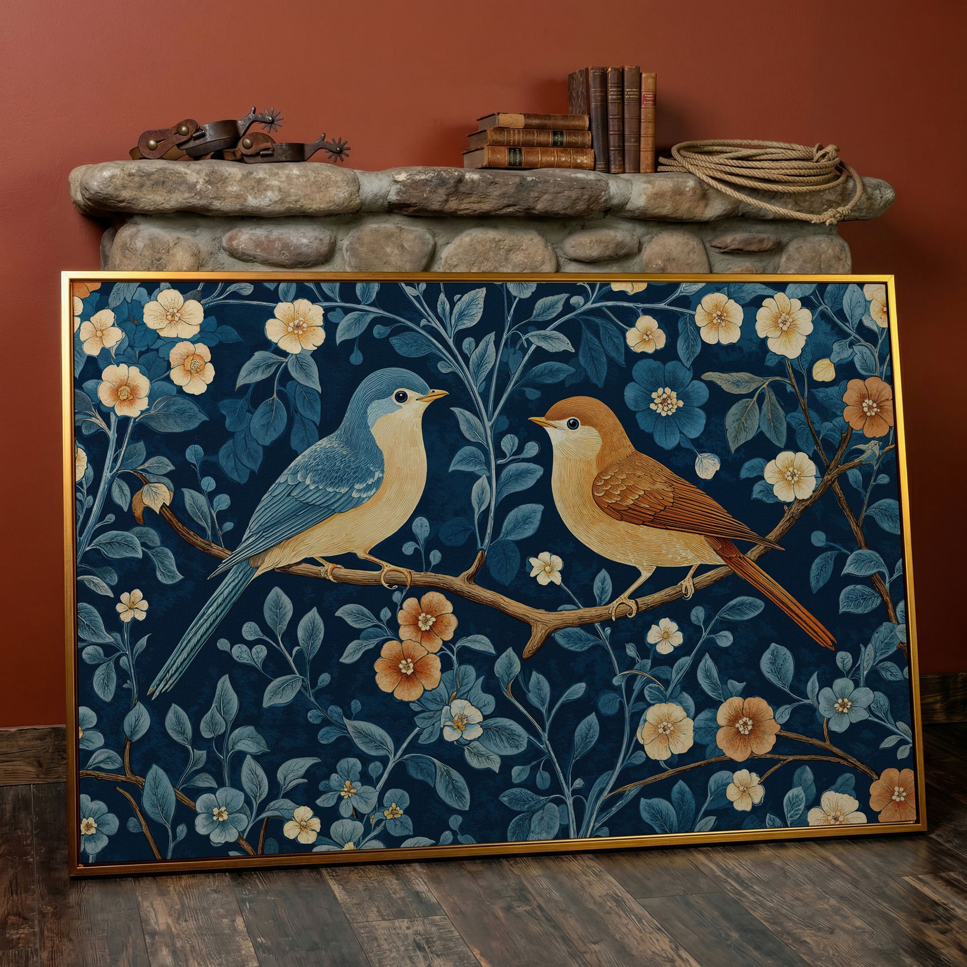 Birds on Blossom Branch Canvas Print with Navy and Goldenrod in antique gold floating frame
