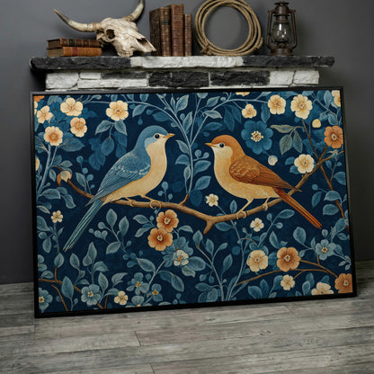 Birds on Blossom Branch Canvas Print with Navy and Goldenrod in black floating frame