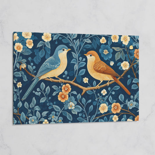 Birds on Blossom Branch Canvas Print with Navy and Goldenrod on gallery wrap