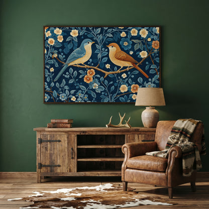 Birds on Blossom Branch Canvas Print with Navy and Goldenrod in dark walnut floating frame