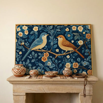 Birds on Blossom Branch Canvas Print with Navy and Goldenrod in white oak floating frame