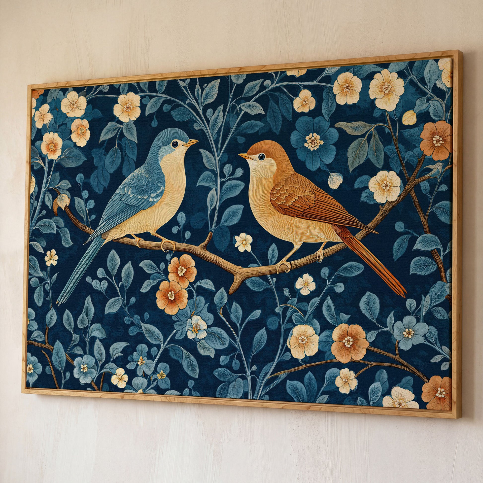 Birds on Blossom Branch Canvas Print with Navy and Goldenrod shown in white oak floating frame