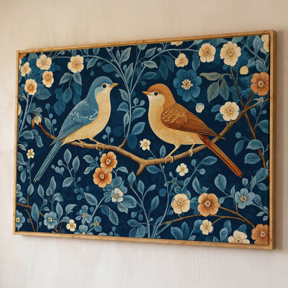 Birds on Blossom Branch Canvas Print with Navy and Goldenrod shown in white oak floating frame