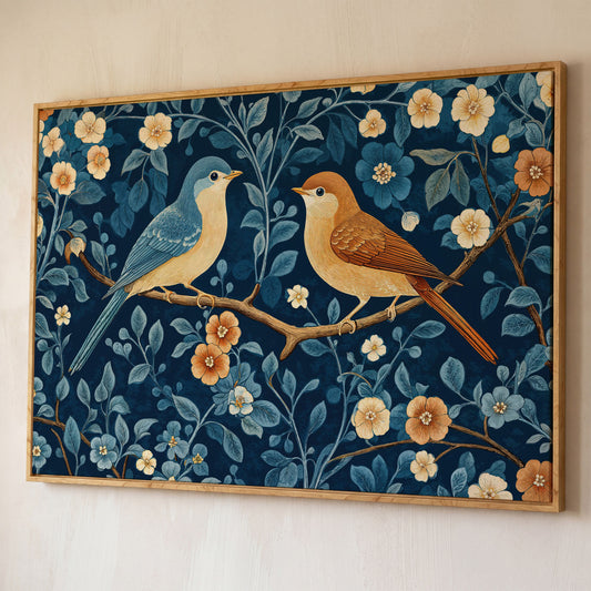 Birds on Blossom Branch Canvas Print with Navy and Goldenrod shown in white oak floating frame