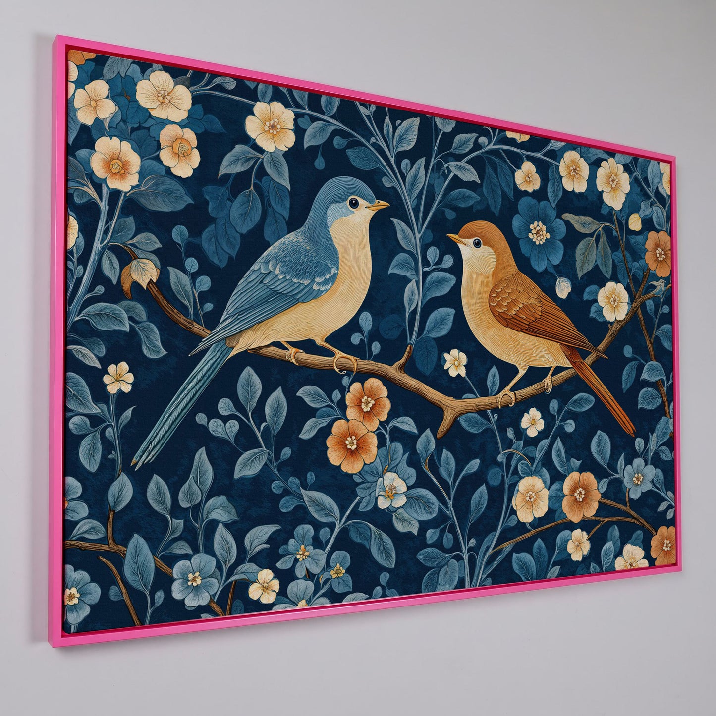 Birds on Blossom Branch Canvas Print with Navy and Goldenrod in pink floating frame