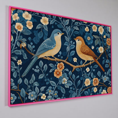 Birds on Blossom Branch Canvas Print with Navy and Goldenrod in pink floating frame