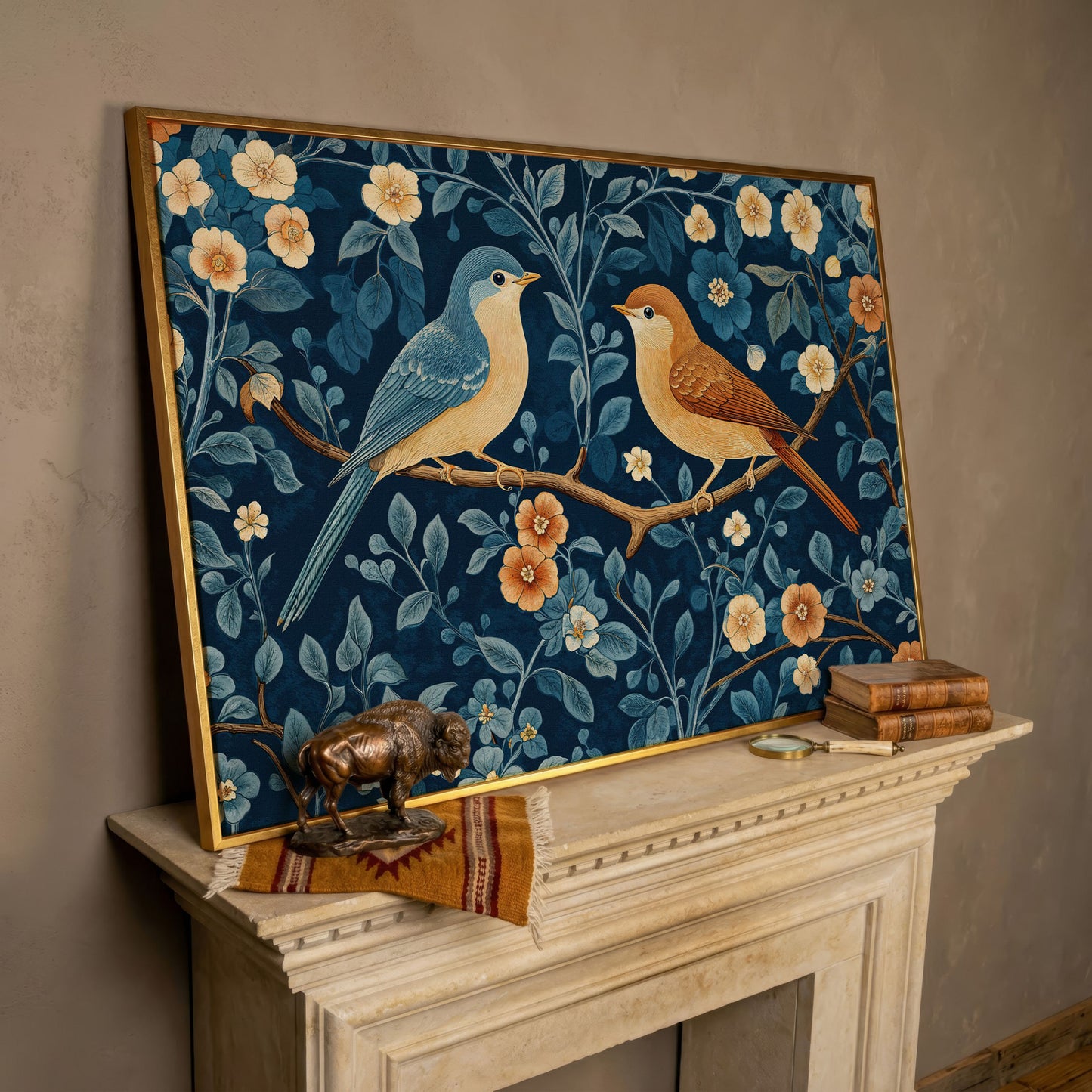 Birds on Blossom Branch Canvas Print with Navy and Goldenrod in rose gold floating frame