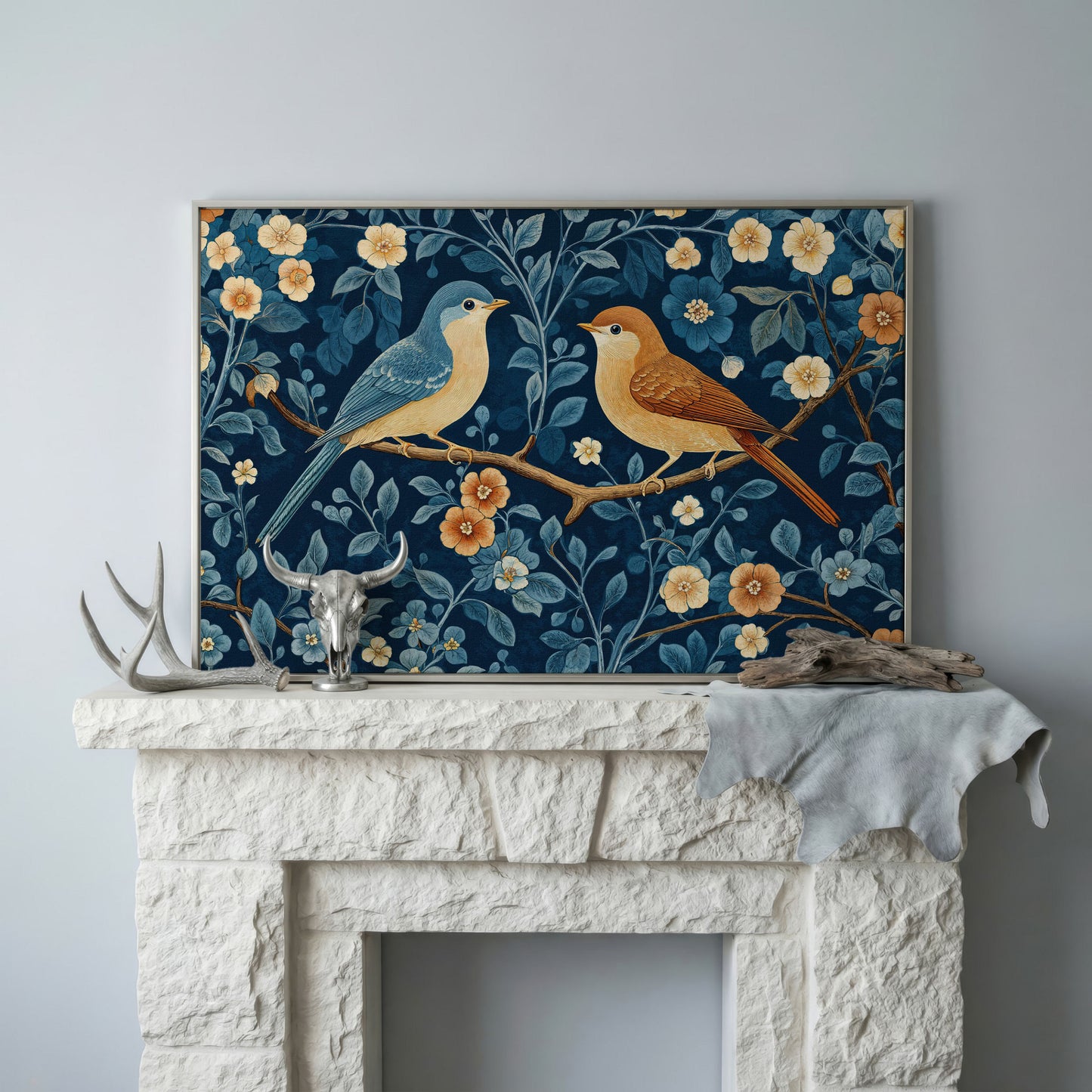 Birds on Blossom Branch Canvas Print with Navy and Goldenrod in silver floating frame