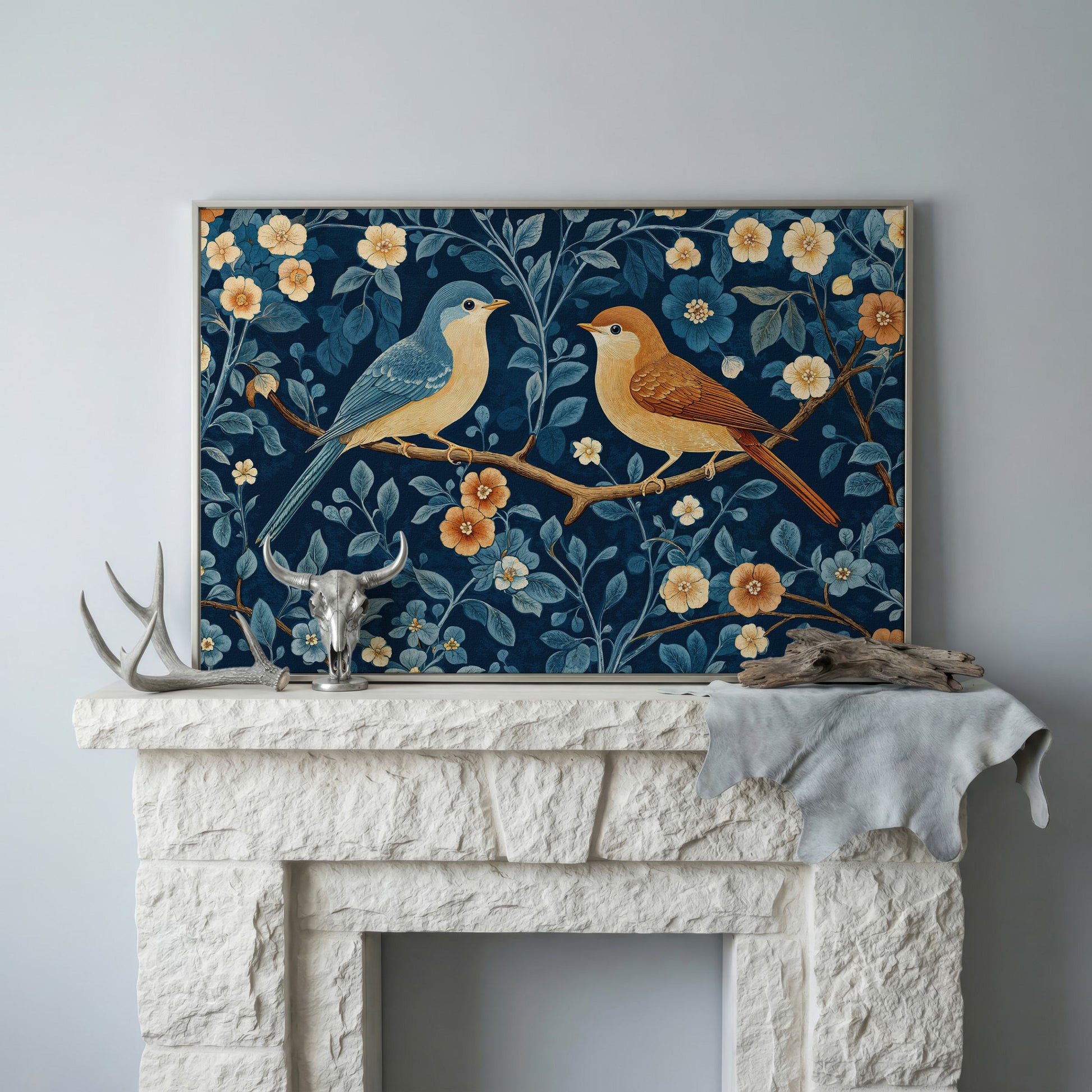 Birds on Blossom Branch Canvas Print with Navy and Goldenrod in silver floating frame
