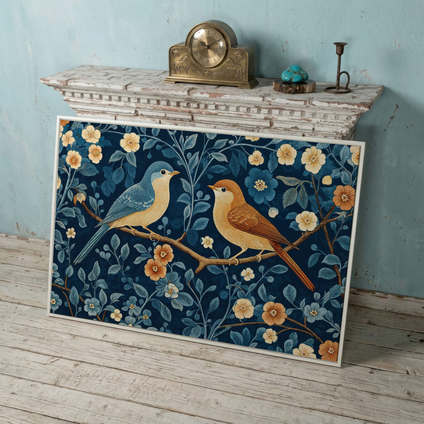 Birds on Blossom Branch Canvas Print with Navy and Goldenrod in white floating frame