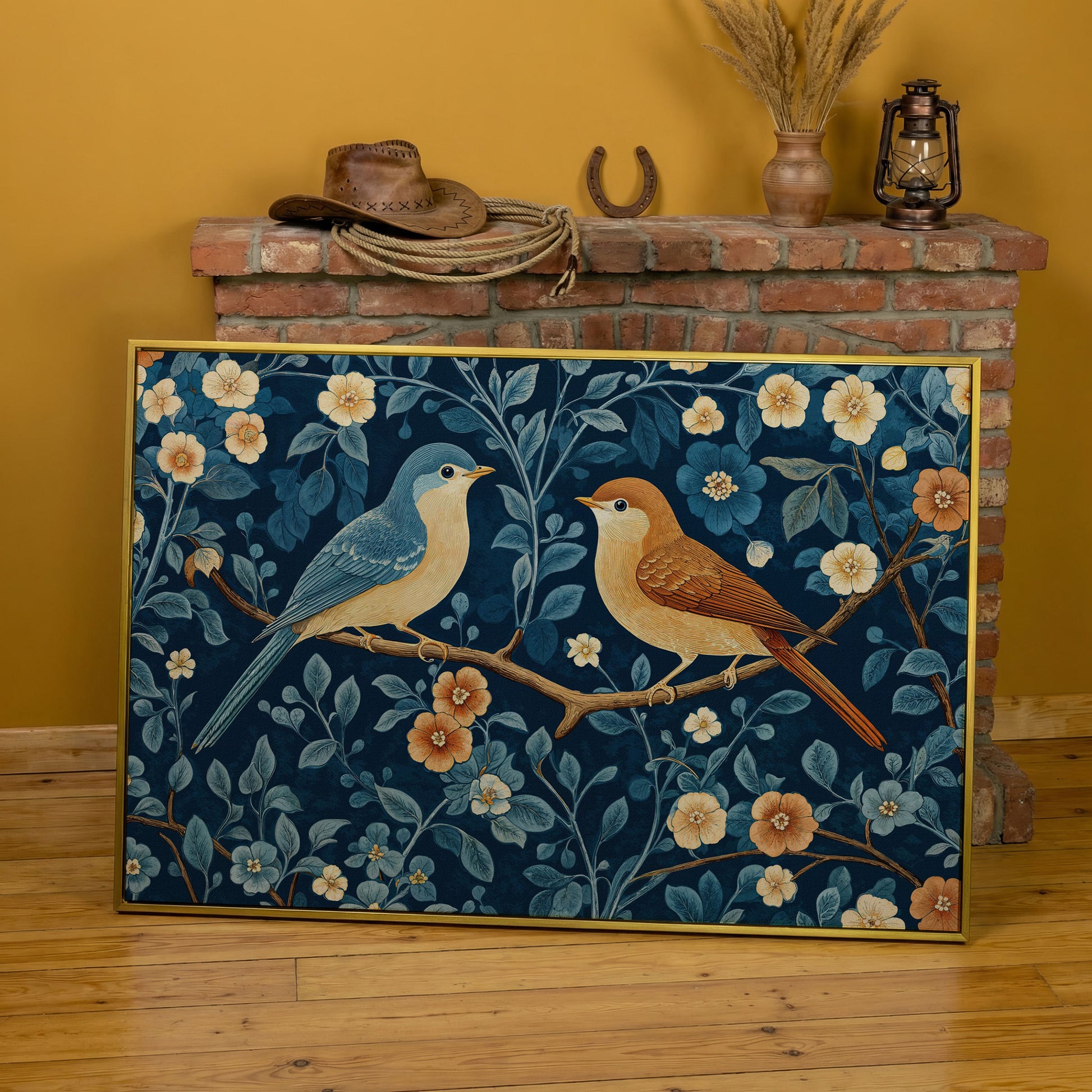 Birds on Blossom Branch Canvas Print with Navy and Goldenrod in yellow gold floating frame