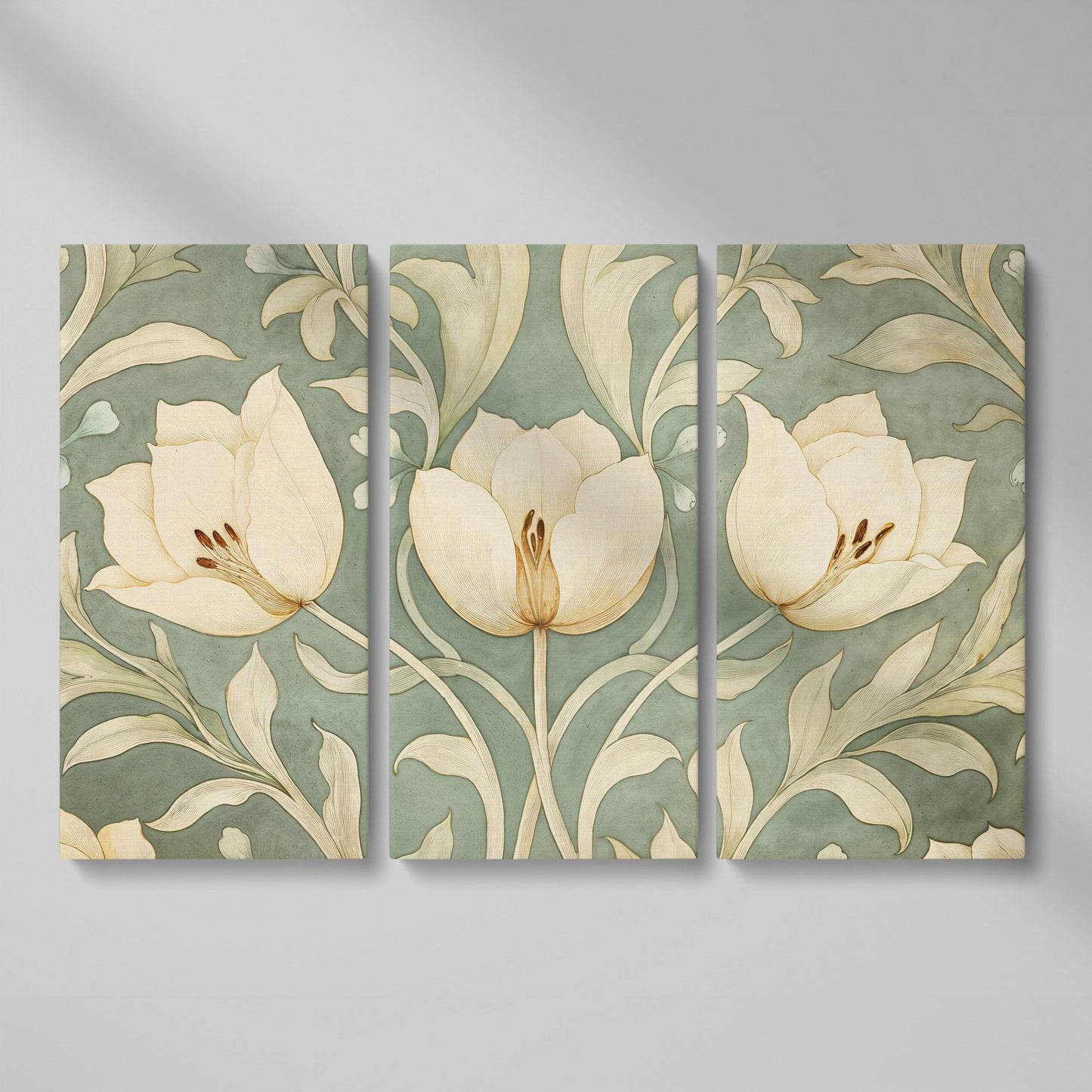 Green Tulip Botanical Canvas Print with Art Nouveau Pattern as 3-panel split version