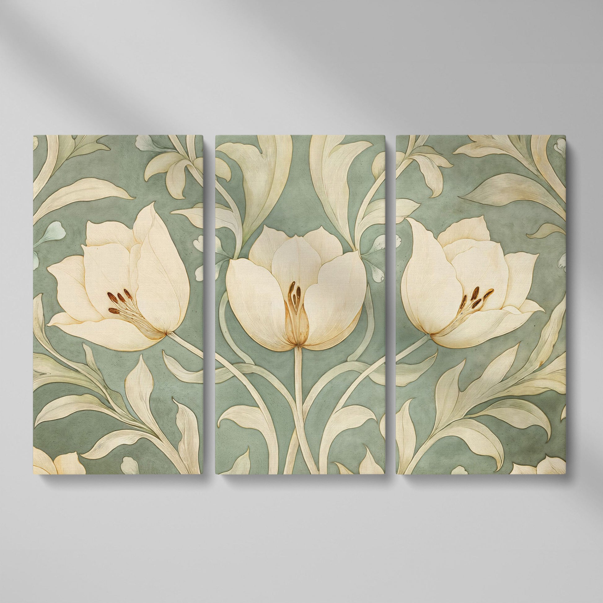 Green Tulip Botanical Canvas Print with Art Nouveau Pattern as 3-panel split version