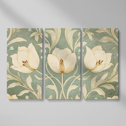 Green Tulip Botanical Canvas Print with Art Nouveau Pattern as 3-panel split version