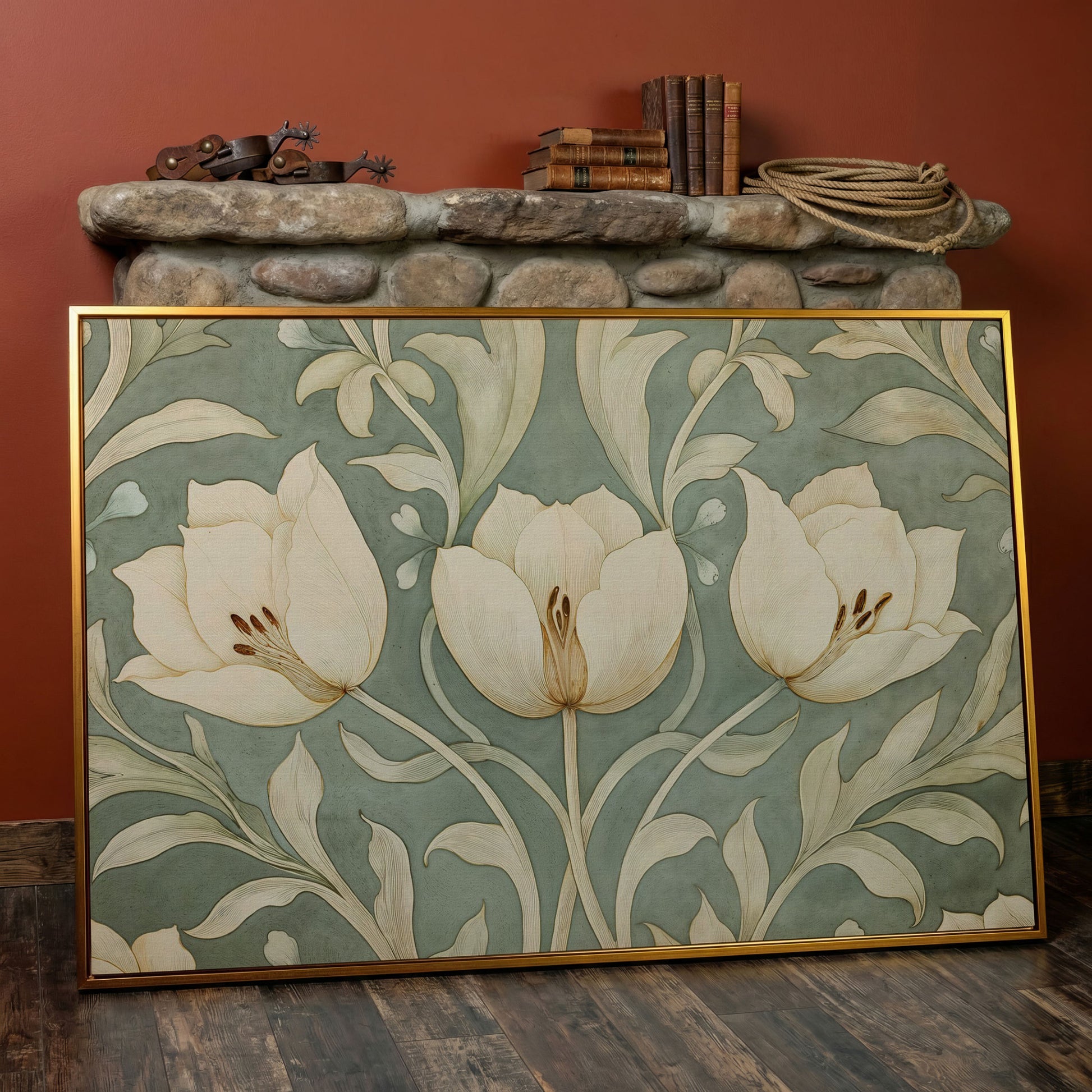 Green Tulip Botanical Canvas Print with Art Nouveau Pattern in antique gold floating frame
