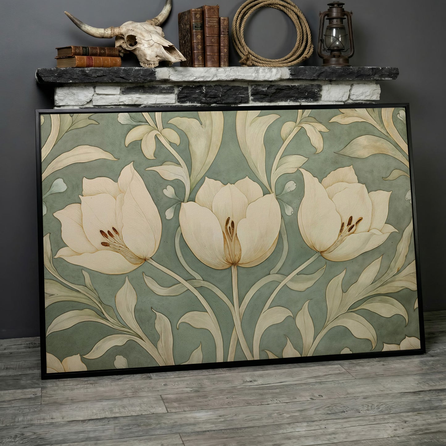 Green Tulip Botanical Canvas Print with Art Nouveau Pattern in black floating frame