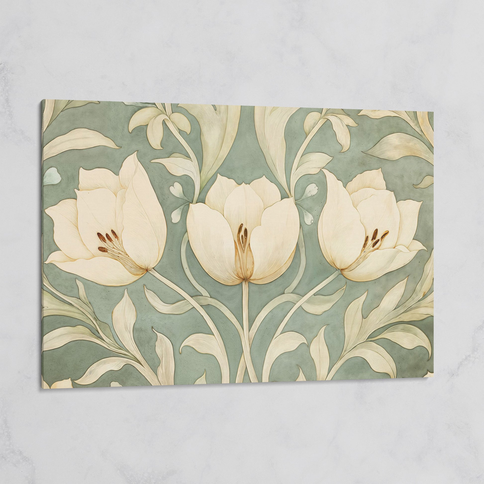 Green Tulip Botanical Canvas Print with Art Nouveau Pattern on gallery wrap