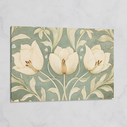 Green Tulip Botanical Canvas Print with Art Nouveau Pattern on gallery wrap