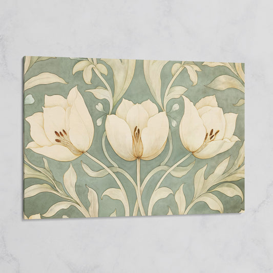 Green Tulip Botanical Canvas Print with Art Nouveau Pattern on gallery wrap