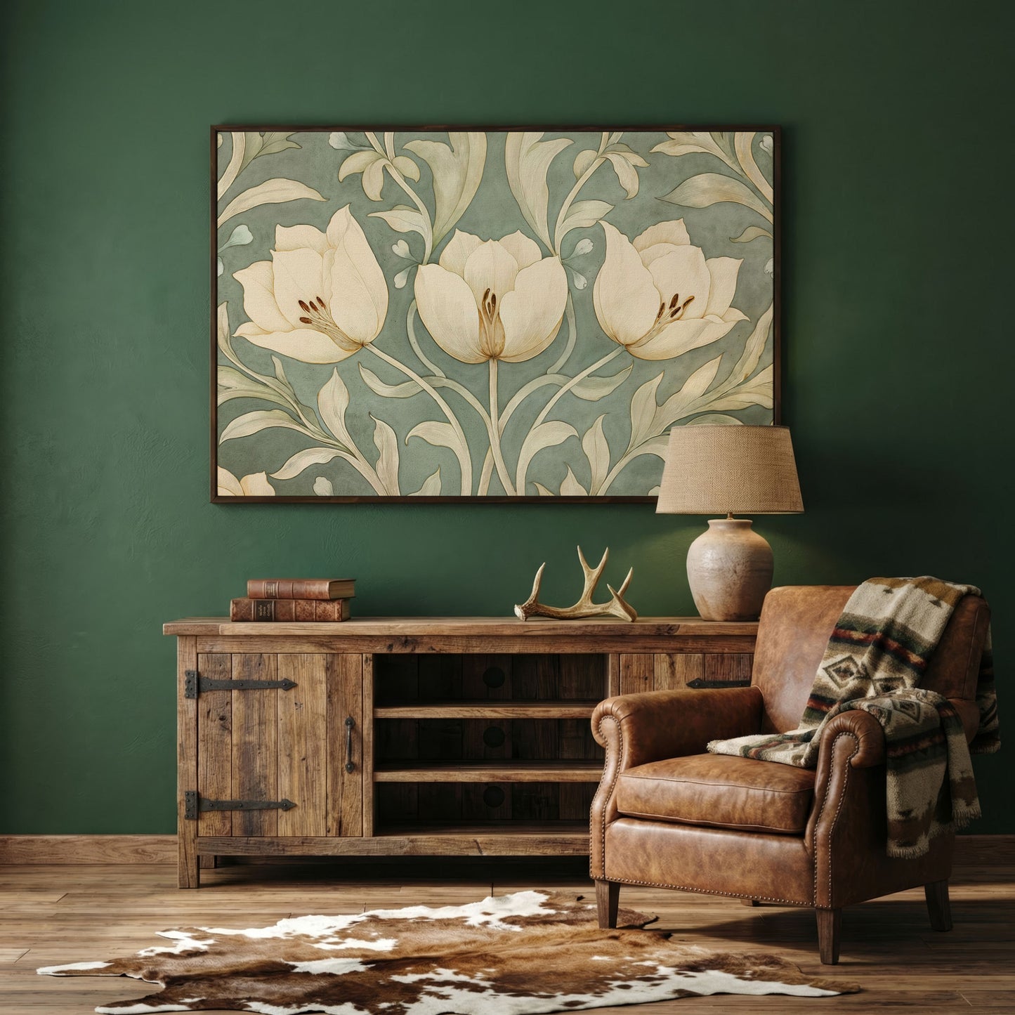 Green Tulip Botanical Canvas Print with Art Nouveau Pattern in dark walnut floating frame