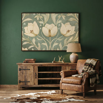 Green Tulip Botanical Canvas Print with Art Nouveau Pattern in dark walnut floating frame