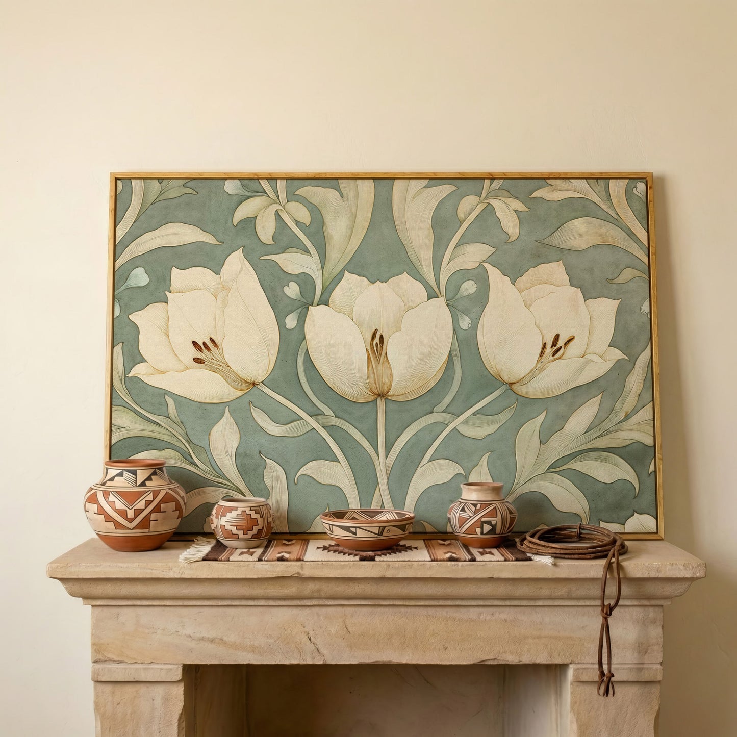 Green Tulip Botanical Canvas Print with Art Nouveau Pattern in white oak floating frame