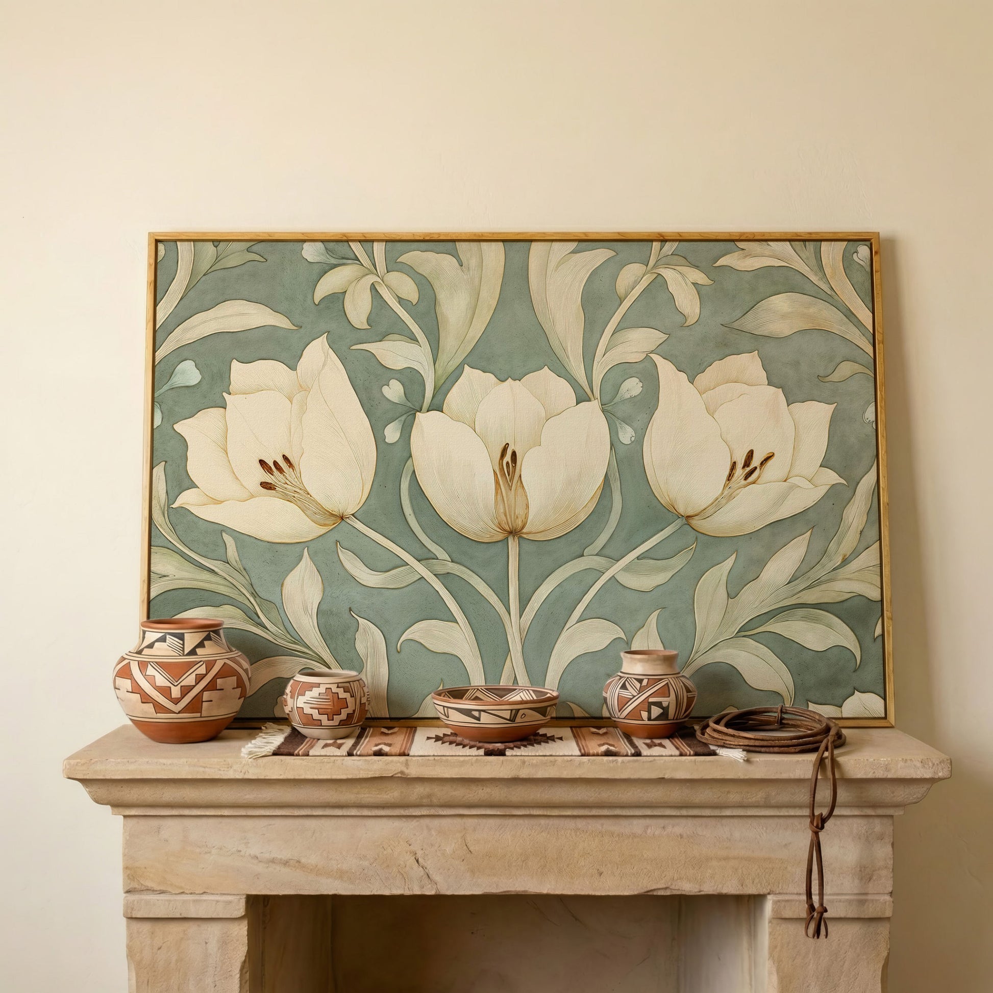Green Tulip Botanical Canvas Print with Art Nouveau Pattern in white oak floating frame