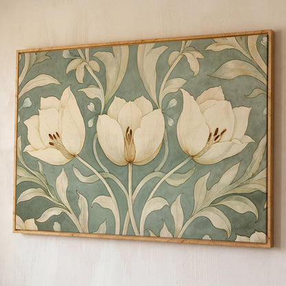 Green Tulip Botanical Canvas Print with Art Nouveau Pattern shown in white oak floating frame