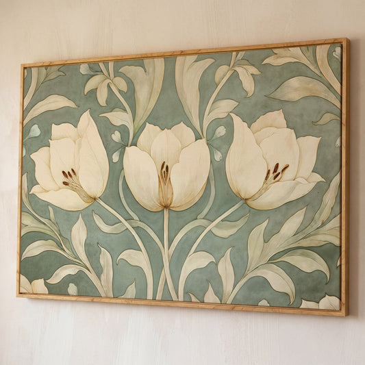 Green Tulip Botanical Canvas Print with Art Nouveau Pattern shown in white oak floating frame