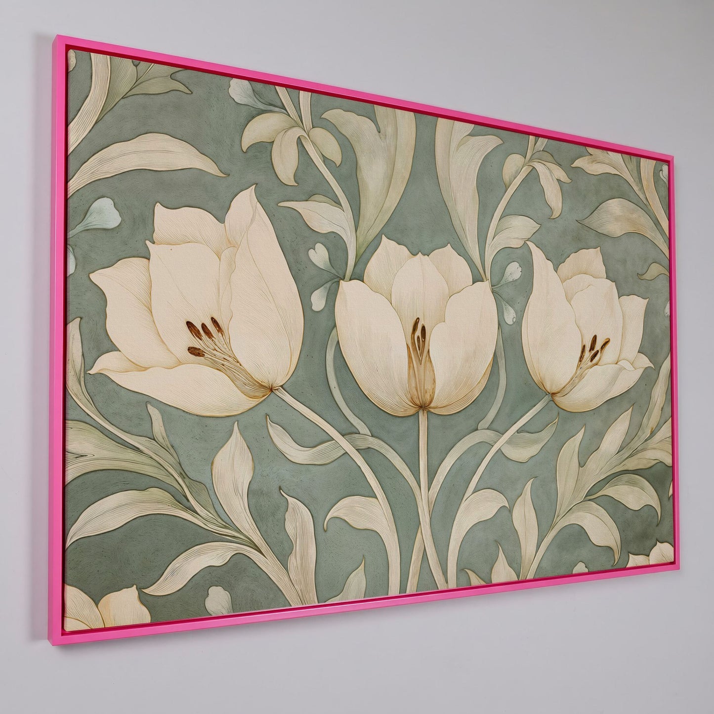 Green Tulip Botanical Canvas Print with Art Nouveau Pattern in pink floating frame