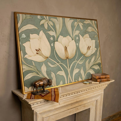 Green Tulip Botanical Canvas Print with Art Nouveau Pattern in rose gold floating frame