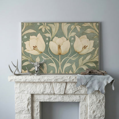 Green Tulip Botanical Canvas Print with Art Nouveau Pattern in silver floating frame