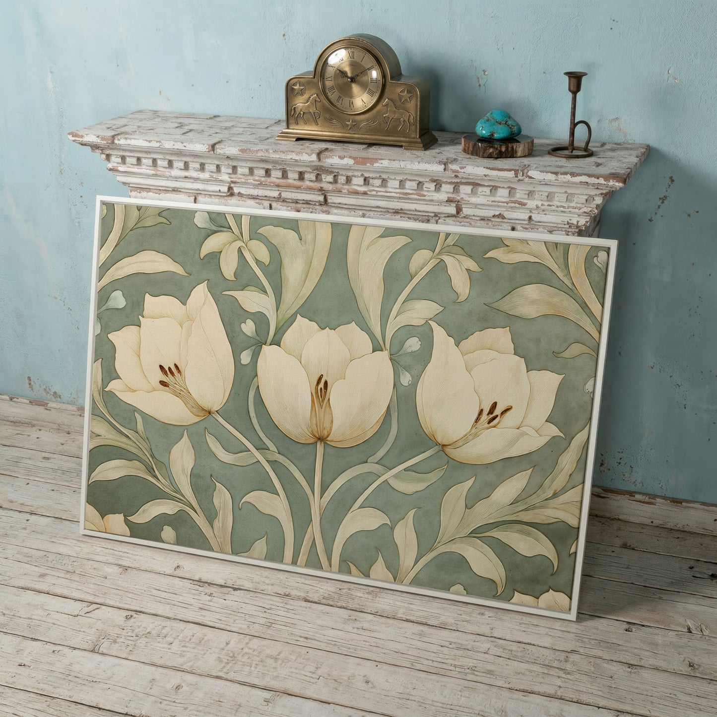 Green Tulip Botanical Canvas Print with Art Nouveau Pattern in white floating frame