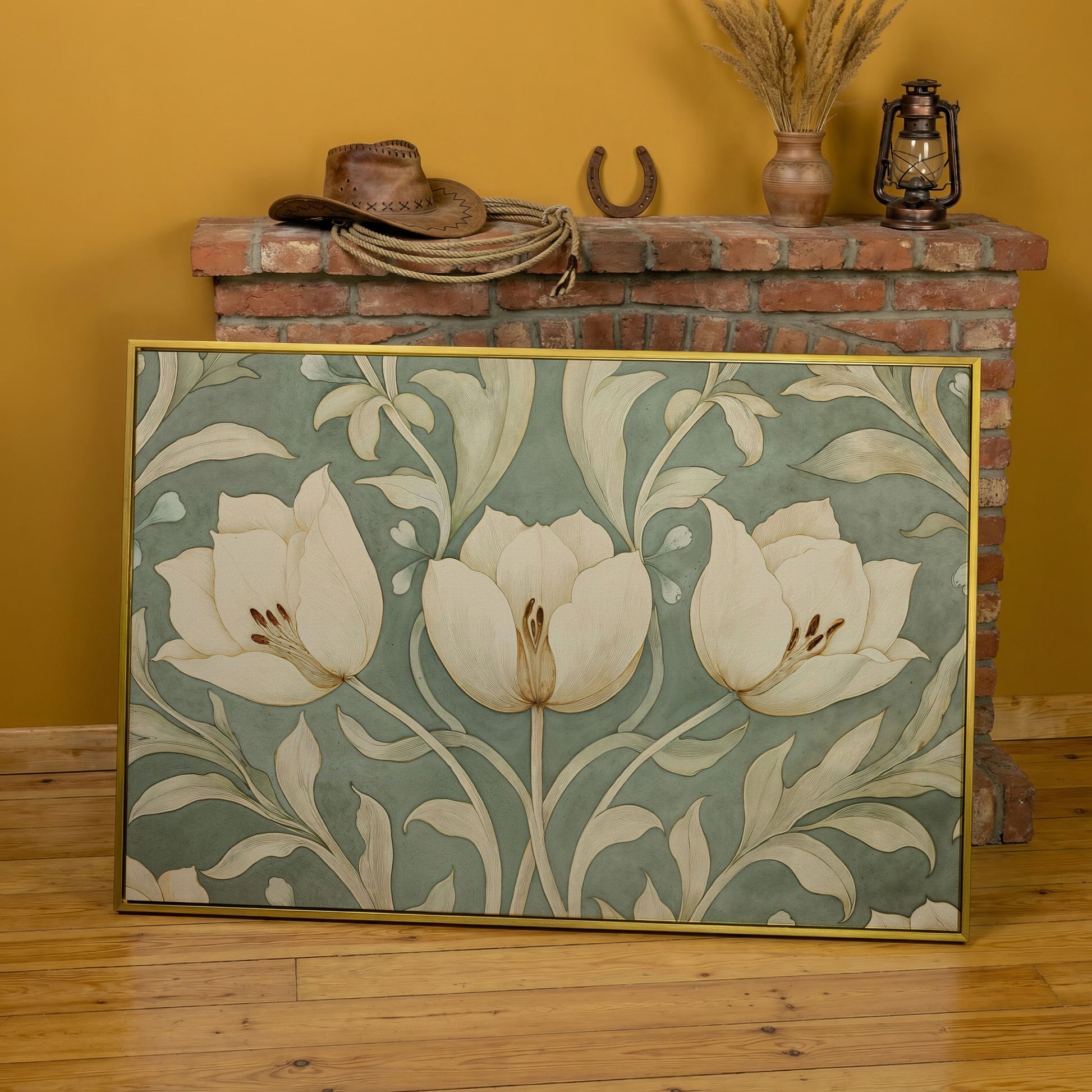 Green Tulip Botanical Canvas Print with Art Nouveau Pattern in yellow gold floating frame
