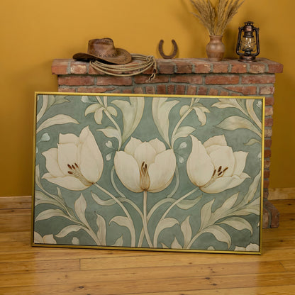 Green Tulip Botanical Canvas Print with Art Nouveau Pattern in yellow gold floating frame