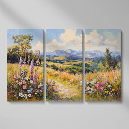 Mountain Landscape with Wildflower Field Canvas as 3-panel split version
