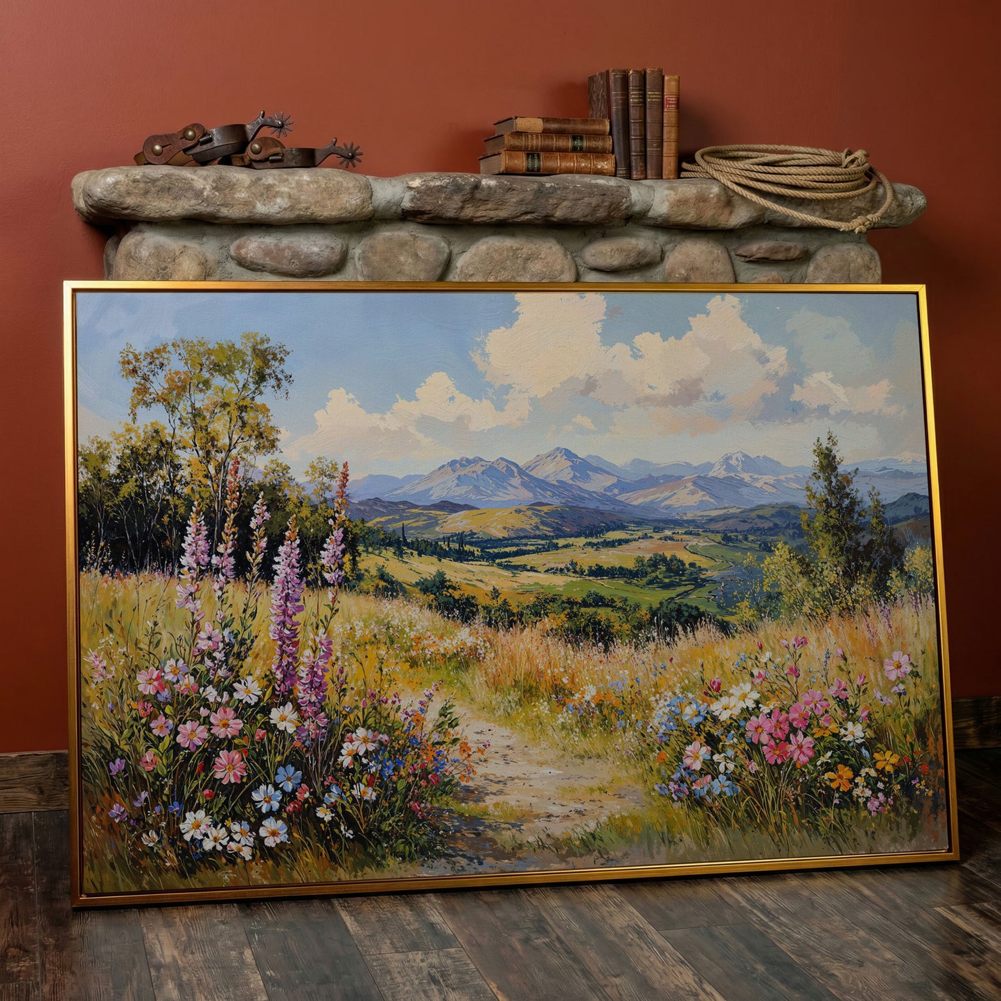 Mountain Landscape with Wildflower Field Canvas in antique gold floating frame