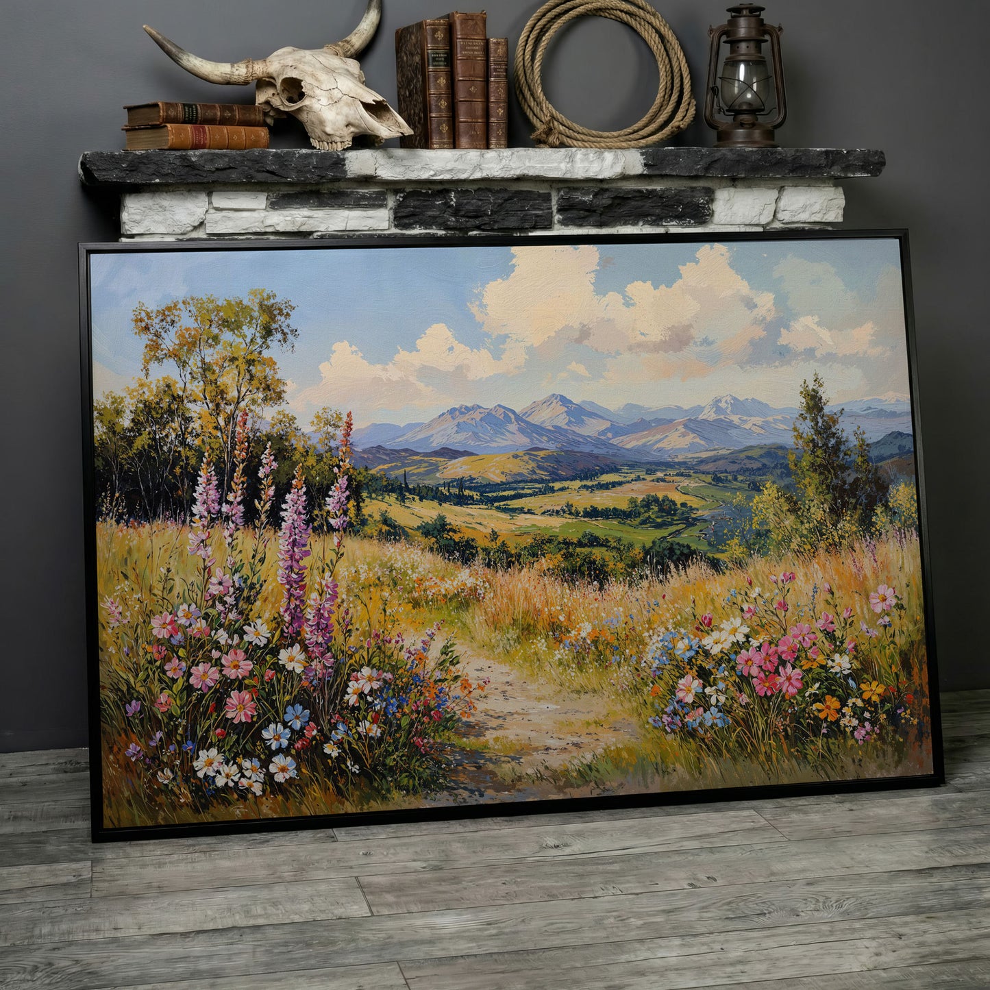 Mountain Landscape with Wildflower Field Canvas in black floating frame