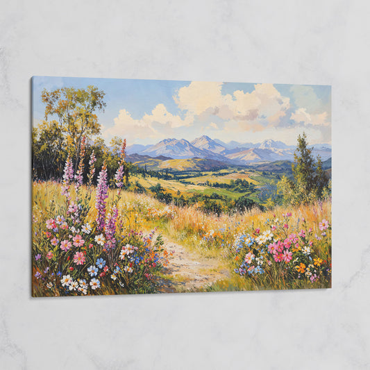 Mountain Landscape with Wildflower Field Canvas on gallery wrap