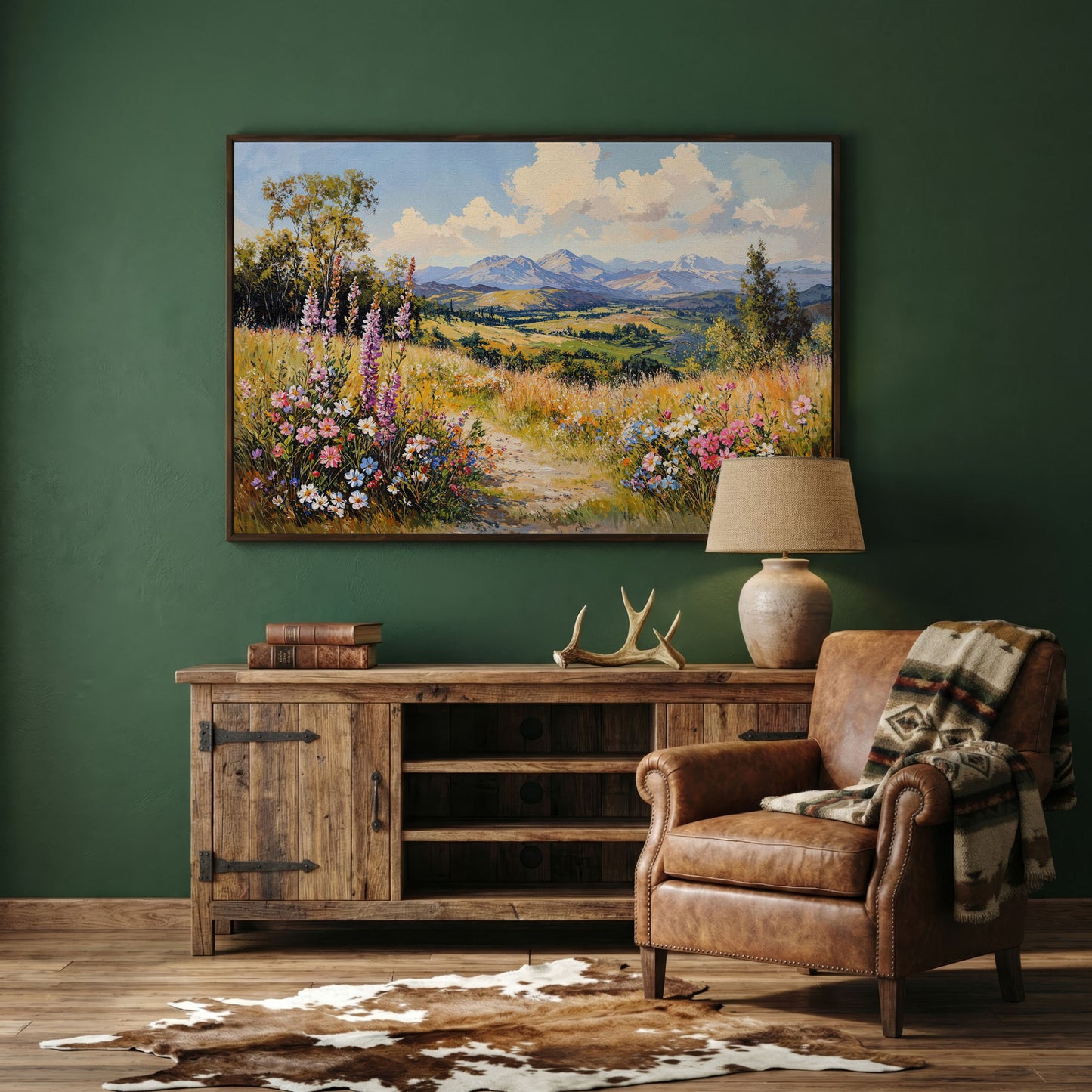 Mountain Landscape with Wildflower Field Canvas in dark walnut floating frame